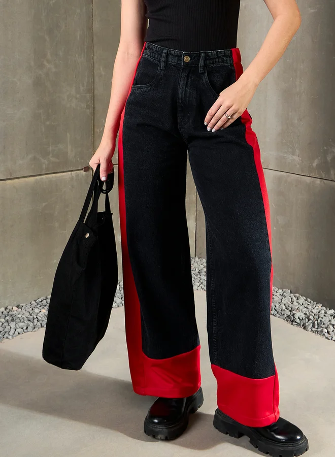SASSAFRAS Sassafras Black Washed Side Color Block Wide Leg Jeans