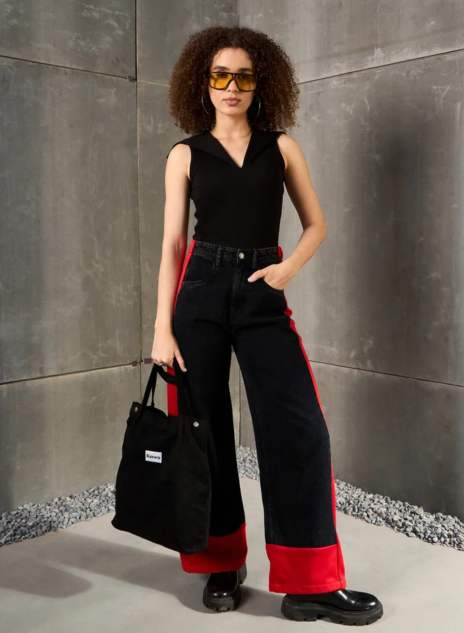 SASSAFRAS Sassafras Black Washed Side Color Block Wide Leg Jeans