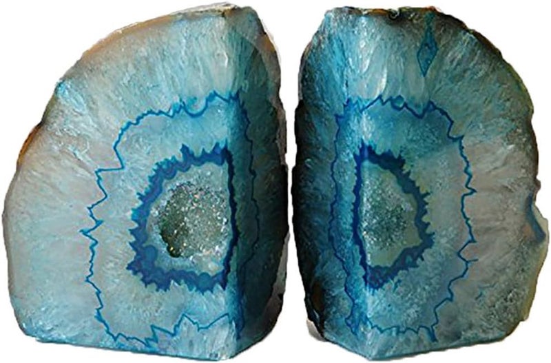 AMOYSTONE Geode Bookends Heavy Duty Agate Large Stone Bookend Decorative Crystal Quartz Book Ends Dyed Teal with Rubber Bumpers(1 Pair, 6-8 LBS) - Image 1
