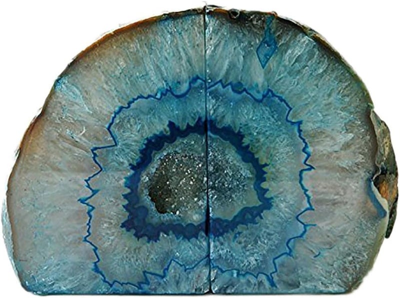 AMOYSTONE Geode Bookends Heavy Duty Agate Large Stone Bookend Decorative Crystal Quartz Book Ends Dyed Teal with Rubber Bumpers(1 Pair, 6-8 LBS) - Image 2