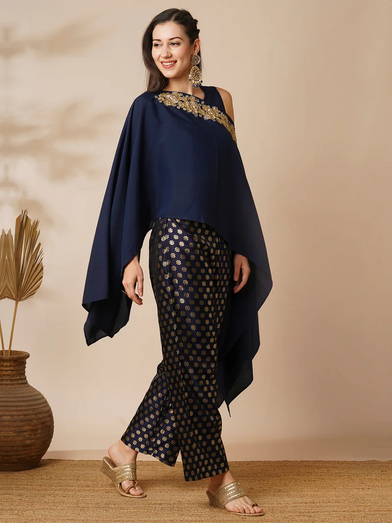 globus Women Floral Embroidered Poncho Top With Inner Top & Floral Brocade Pants Co-Ord Set