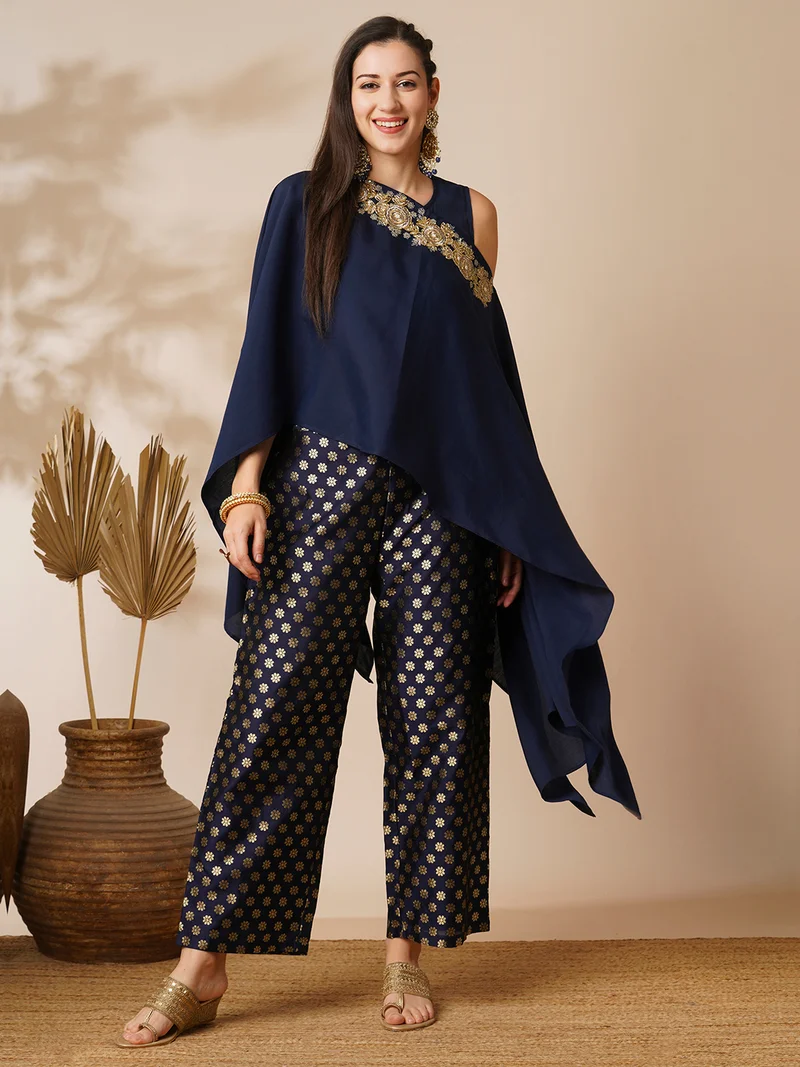 globus Women Floral Embroidered Poncho Top With Inner Top & Floral Brocade Pants Co-Ord Set