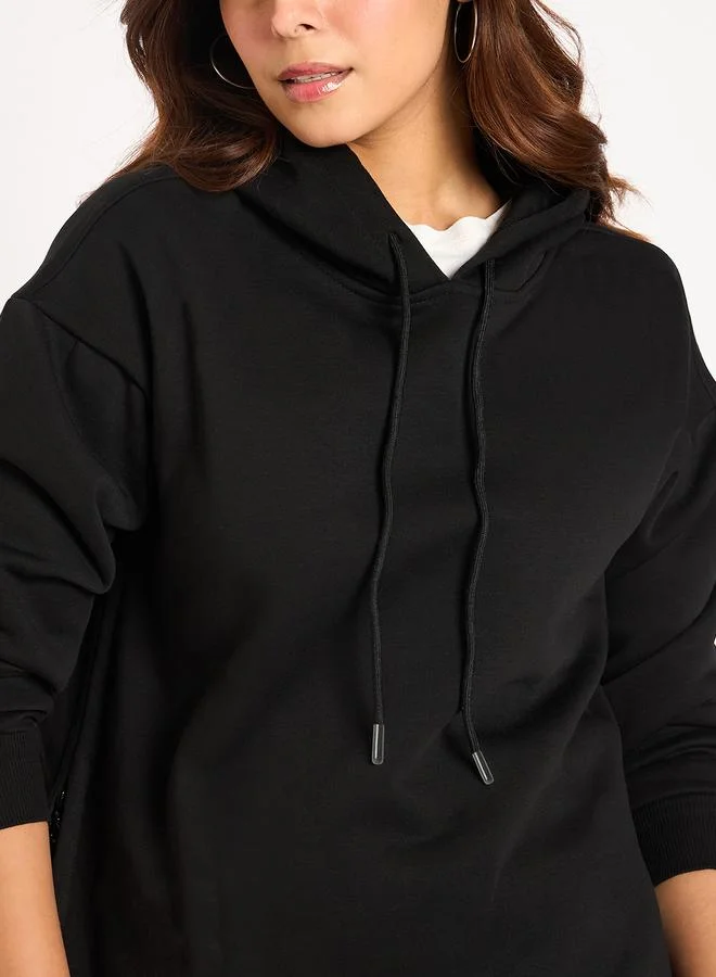 Femmella  Black Side Zip Detail Fleece Hoodie for Women | Best Price UAE
