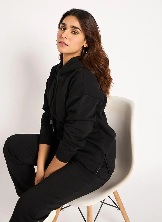 Femmella  Black Side Zip Detail Fleece Hoodie for Women | Best Price UAE