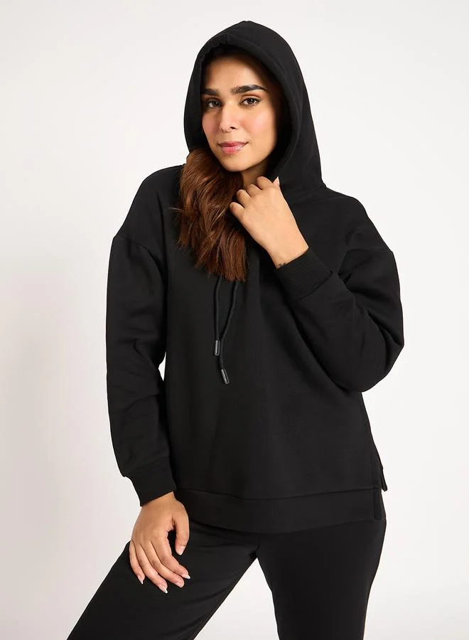 Femmella  Black Side Zip Detail Fleece Hoodie for Women | Best Price UAE