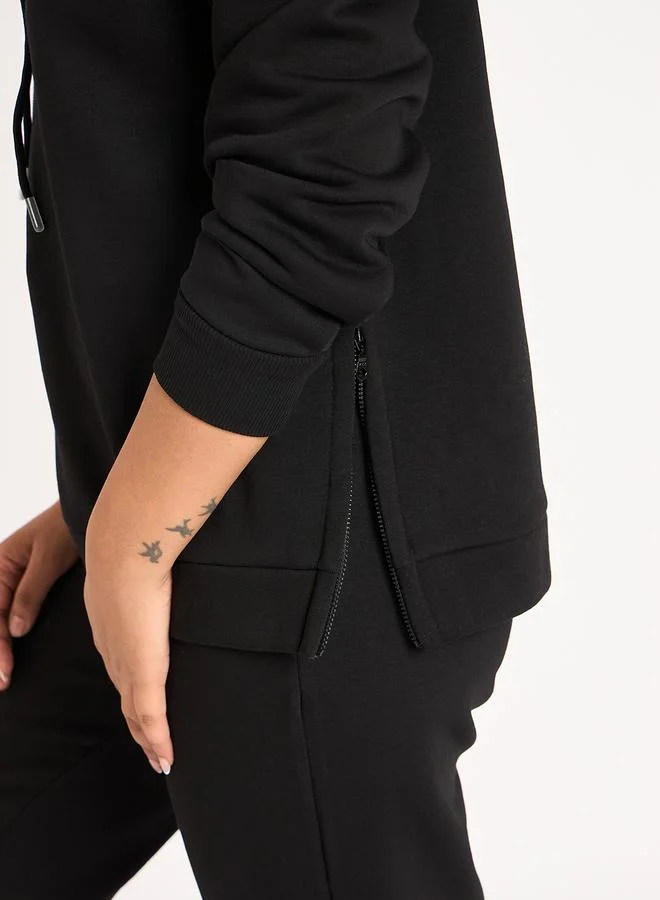 Femmella  Black Side Zip Detail Fleece Hoodie for Women | Best Price UAE
