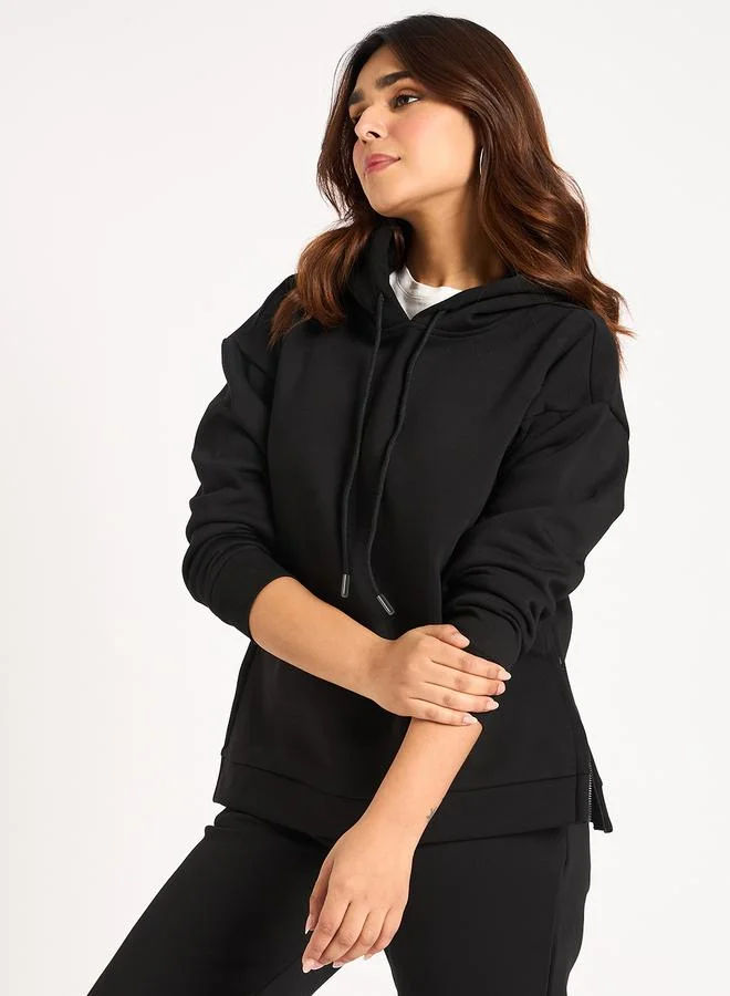 Femmella Black Side Zip Detail Fleece Hoodie