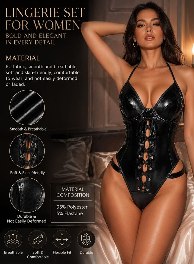 MARGOUN Women’s Faux Leather Bodysuit Backless – Sexy Lingerie One-Piece with Lace-Up Front and Matching Gloves – Black Wet Look Teddy B152 - Image 5