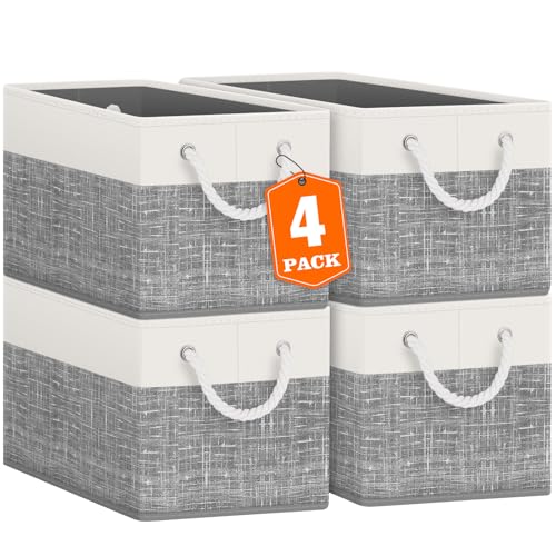 Fab totes Storage Bins [4-Pack], Foldable Storage Baskets for Organizing Toys, Books, Shelves, Closet, Large Storage Box with Rope Handles, Sturdy Organizer Bins, White & Grey - Image 1