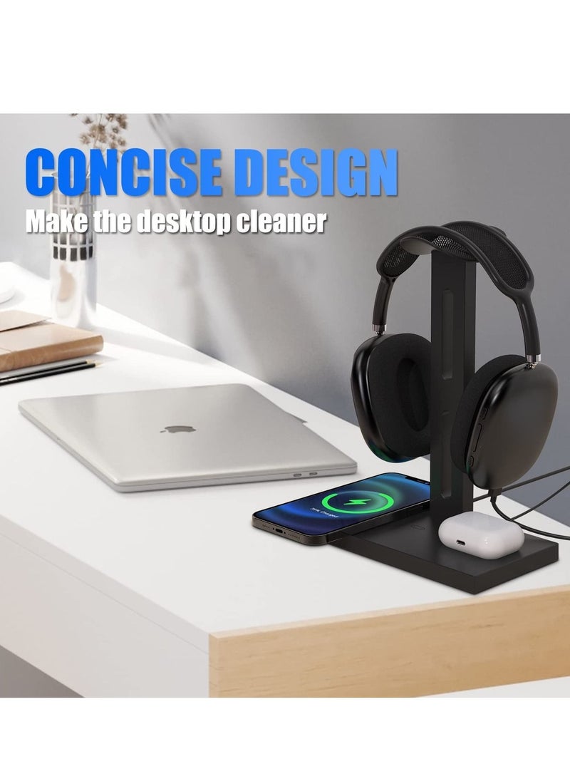SYOSI - Headphone Stand with Wireless Charger Headset Holder 2 Type USB C Port 3 in 1 Fast Wireless Charging Station Dock for Max For Pro 2 iPhone 13 12 11 Series and All Headphones - Image 1