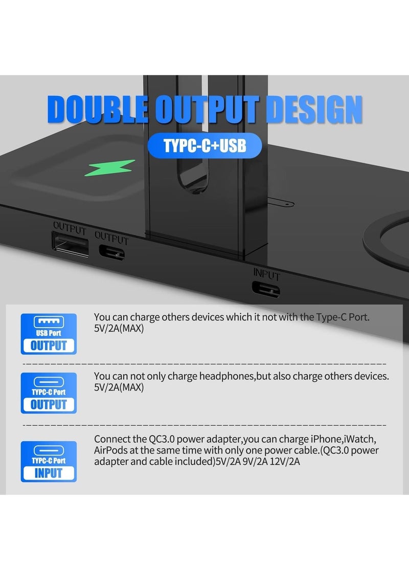 SYOSI - Headphone Stand with Wireless Charger Headset Holder 2 Type USB C Port 3 in 1 Fast Wireless Charging Station Dock for Max For Pro 2 iPhone 13 12 11 Series and All Headphones - Image 1