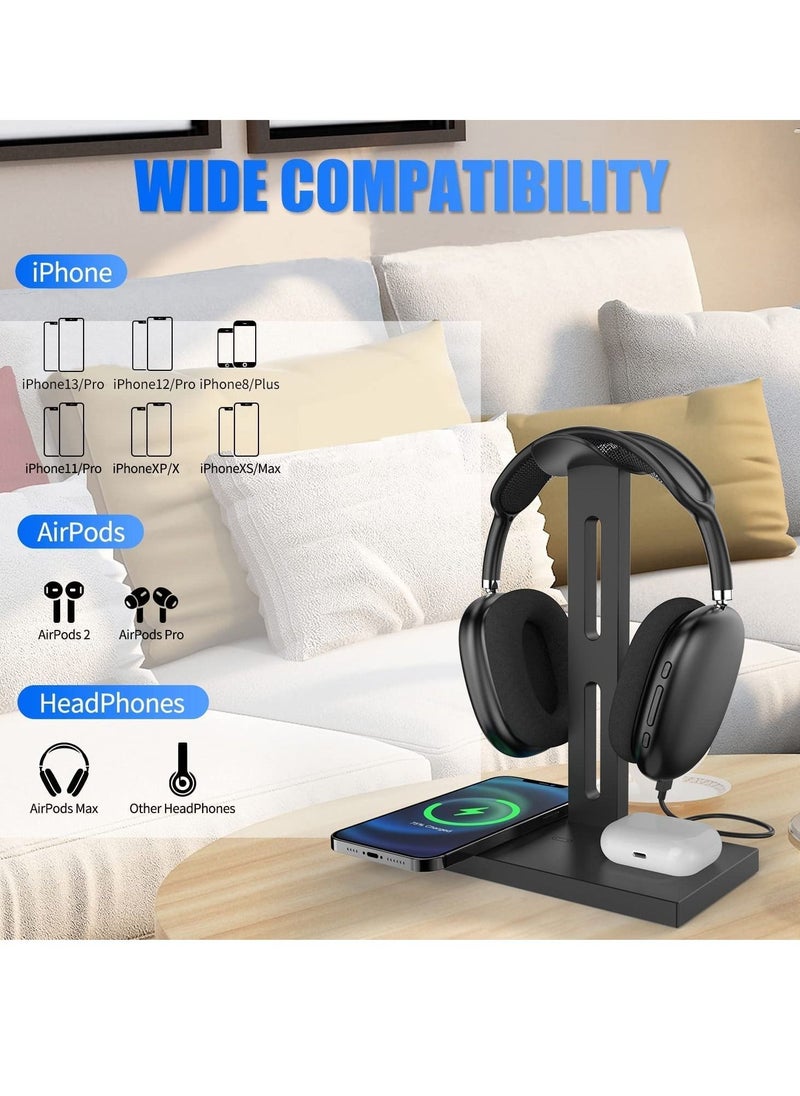 SYOSI - Headphone Stand with Wireless Charger Headset Holder 2 Type USB C Port 3 in 1 Fast Wireless Charging Station Dock for Max For Pro 2 iPhone 13 12 11 Series and All Headphones - Image 1