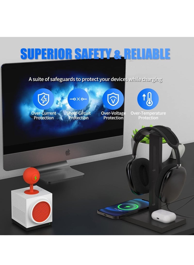 SYOSI - Headphone Stand with Wireless Charger Headset Holder 2 Type USB C Port 3 in 1 Fast Wireless Charging Station Dock for Max For Pro 2 iPhone 13 12 11 Series and All Headphones - Image 1