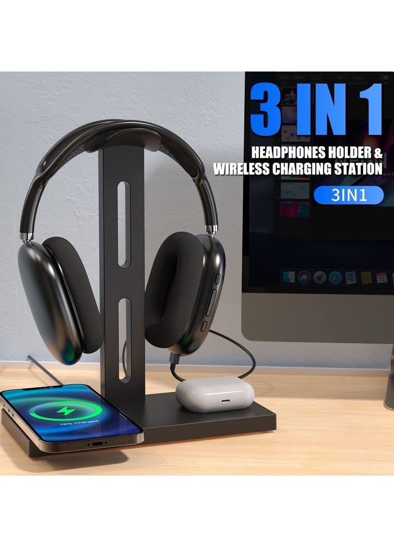 SYOSI - Headphone Stand with Wireless Charger Headset Holder 2 Type USB C Port 3 in 1 Fast Wireless Charging Station Dock for Max For Pro 2 iPhone 13 12 11 Series and All Headphones - Image 1