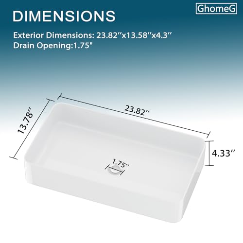 GhomeG White Bathroom Vessel Sink 24"x14" Large White Bathroom Vessel Sink Above Counter Ceramic Porcelain Vessel Vanity Sink Washbasin Art Basin - Image 5