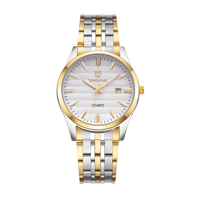 TPOFHS quality new luminous 3D horizontal steel band quartz watch with calendar life waterproof couple watch Between Golden male White 