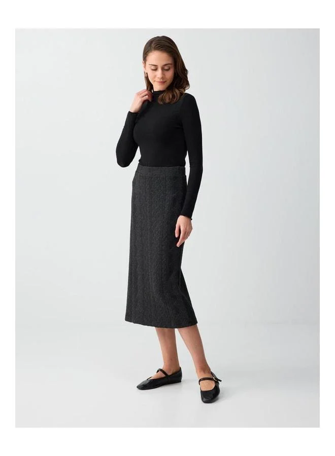 Jimmy Key Anthracite Mélange Soft-Textured Patterned Normal Waist Knitted Midi Skirt.