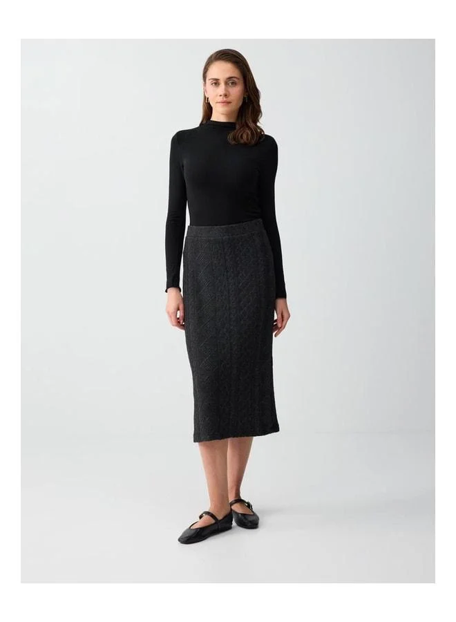Jimmy Key Anthracite Mélange Soft-Textured Patterned Normal Waist Knitted Midi Skirt.