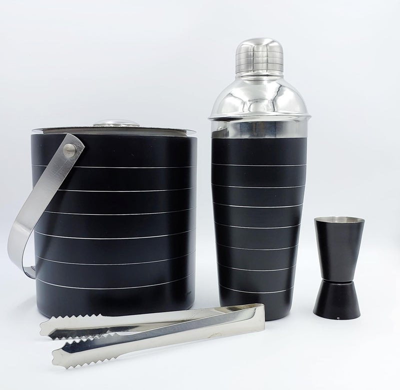 EVK® Pack of 4 Piece Black Ring Bar Set for Drink/Gift, Double Wall - Ice Bucket with Tong, Peg Measurer & Cocktail Shaker - Image 2