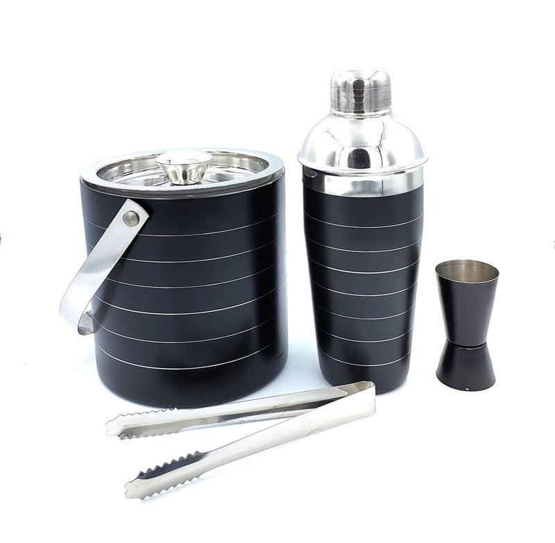 EVK® Pack of 4 Piece Black Ring Bar Set for Drink/Gift, Double Wall - Ice Bucket with Tong, Peg Measurer & Cocktail Shaker - Image 1