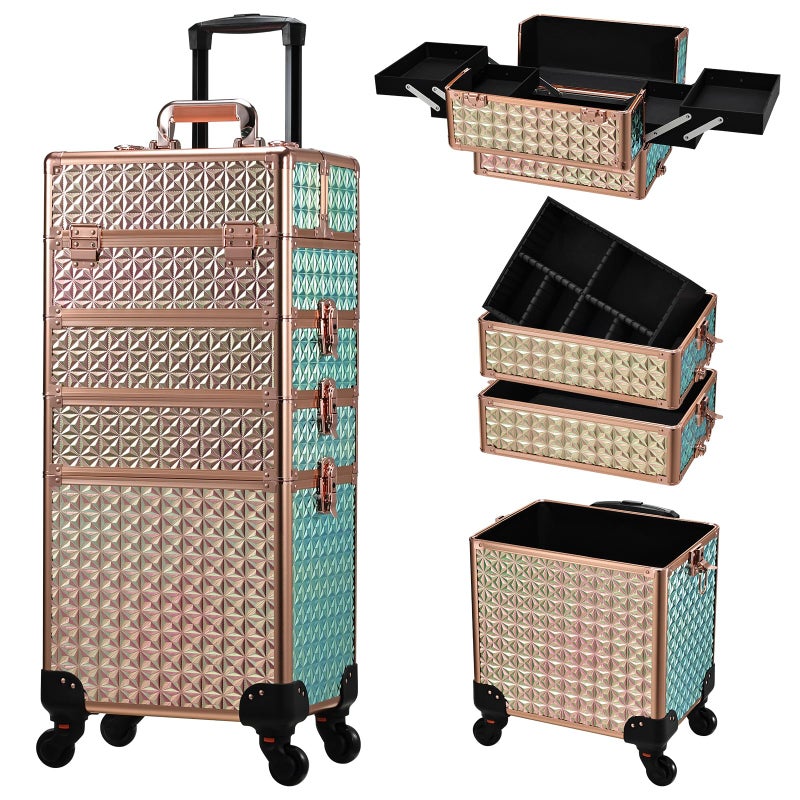 Stagiant Rolling Makeup Case Cosmetology Case on Wheels 4 in 1 Large Cosmetic Organizer Train Case Makeup Travel Case with Key Swivel Wheels Nail Artist Salon Storage Traveling Cart Trunk Rose Gold - Image 1