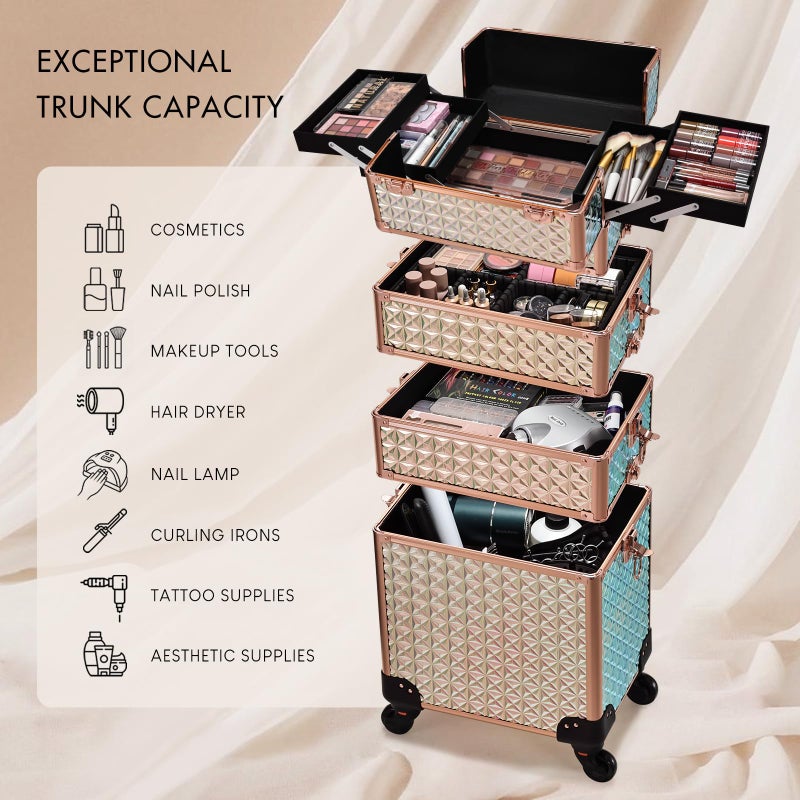 Stagiant Rolling Makeup Case Cosmetology Case on Wheels 4 in 1 Large Cosmetic Organizer Train Case Makeup Travel Case with Key Swivel Wheels Nail Artist Salon Storage Traveling Cart Trunk Rose Gold - Image 2