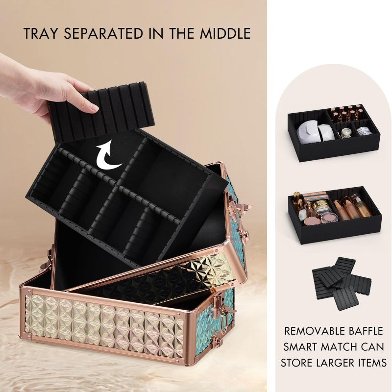 Stagiant Rolling Makeup Case Cosmetology Case on Wheels 4 in 1 Large Cosmetic Organizer Train Case Makeup Travel Case with Key Swivel Wheels Nail Artist Salon Storage Traveling Cart Trunk Rose Gold - Image 4