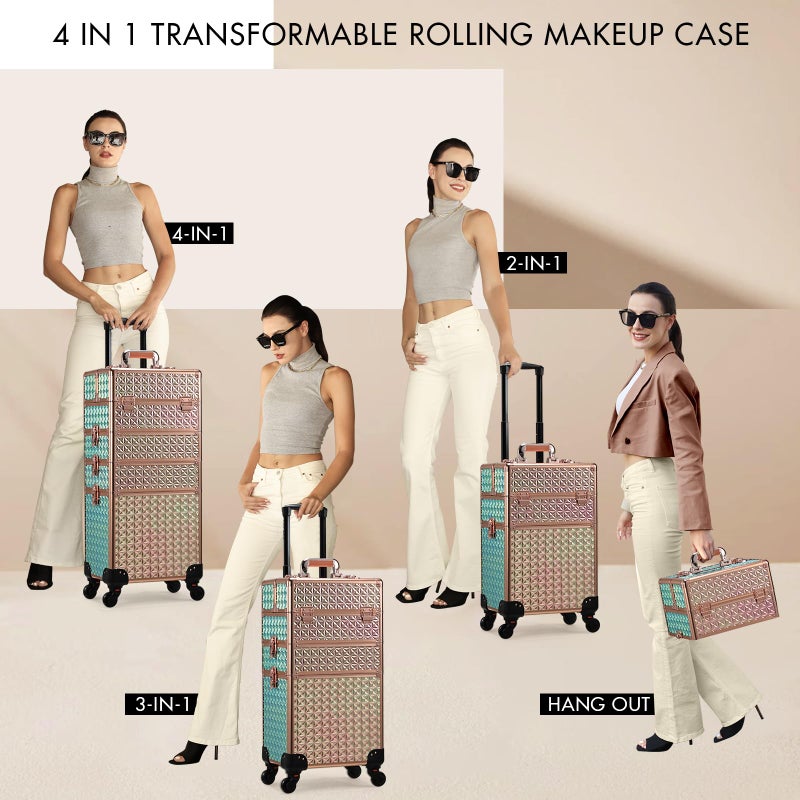 Stagiant Rolling Makeup Case Cosmetology Case on Wheels 4 in 1 Large Cosmetic Organizer Train Case Makeup Travel Case with Key Swivel Wheels Nail Artist Salon Storage Traveling Cart Trunk Rose Gold - Image 3