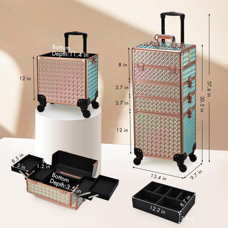 Stagiant Rolling Makeup Case Cosmetology Case on Wheels 4 in 1 Large Cosmetic Organizer Train Case Makeup Travel Case with Key Swivel Wheels Nail Artist Salon Storage Traveling Cart Trunk Rose Gold - Image 5