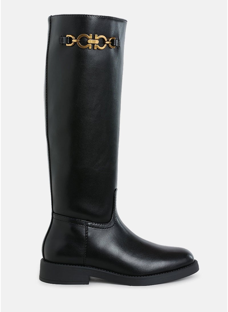 London Rag Women's Metal Chain Link Detail Calf Boots in Black - Image 1