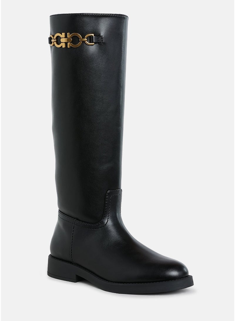London Rag Women's Metal Chain Link Detail Calf Boots in Black - Image 3