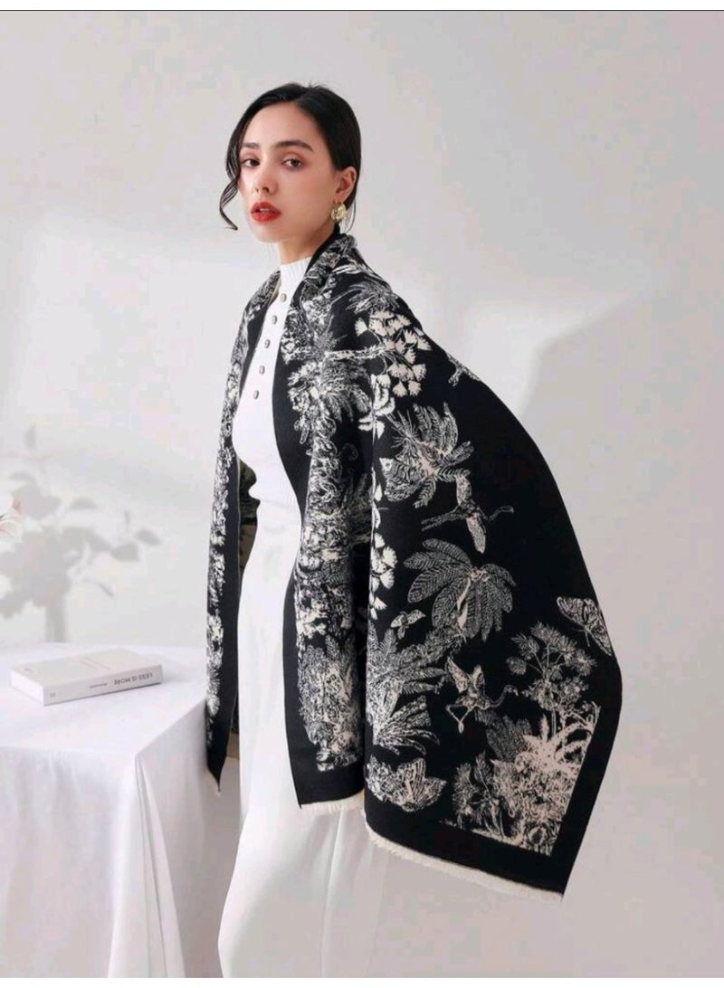 SHEIN Women Black Floral Vintage Style Tasseled Jacquard Faux Cashmere Neck Warmer, Fashionable Oversized Blanket Scarf Shawl Suitable For Daily Use, Simple Gift - Image 2