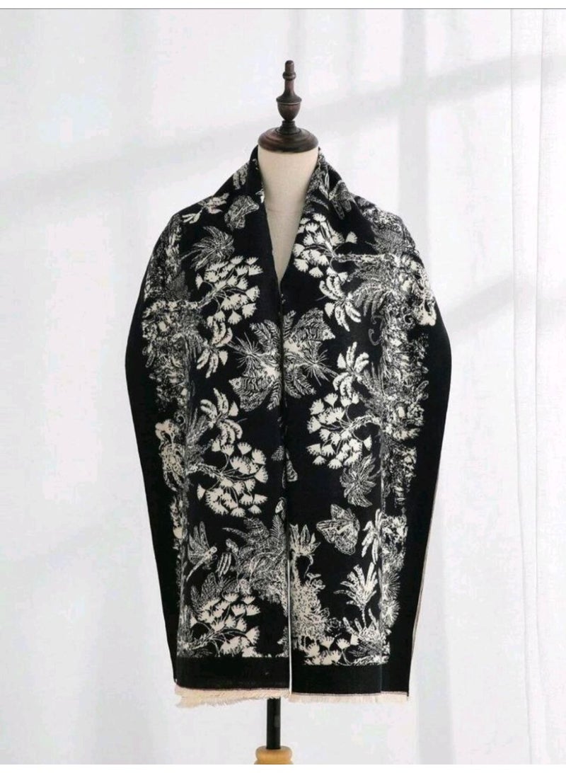 SHEIN Women Black Floral Vintage Style Tasseled Jacquard Faux Cashmere Neck Warmer, Fashionable Oversized Blanket Scarf Shawl Suitable For Daily Use, Simple Gift - Image 4