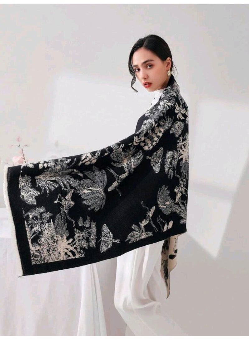 SHEIN Women Black Floral Vintage Style Tasseled Jacquard Faux Cashmere Neck Warmer, Fashionable Oversized Blanket Scarf Shawl Suitable For Daily Use, Simple Gift - Image 3