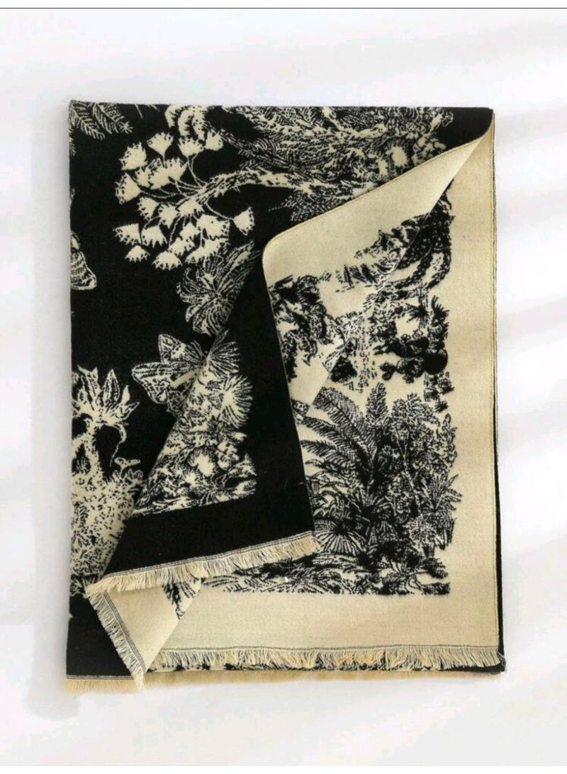 SHEIN Women Black Floral Vintage Style Tasseled Jacquard Faux Cashmere Neck Warmer, Fashionable Oversized Blanket Scarf Shawl Suitable For Daily Use, Simple Gift - Image 5