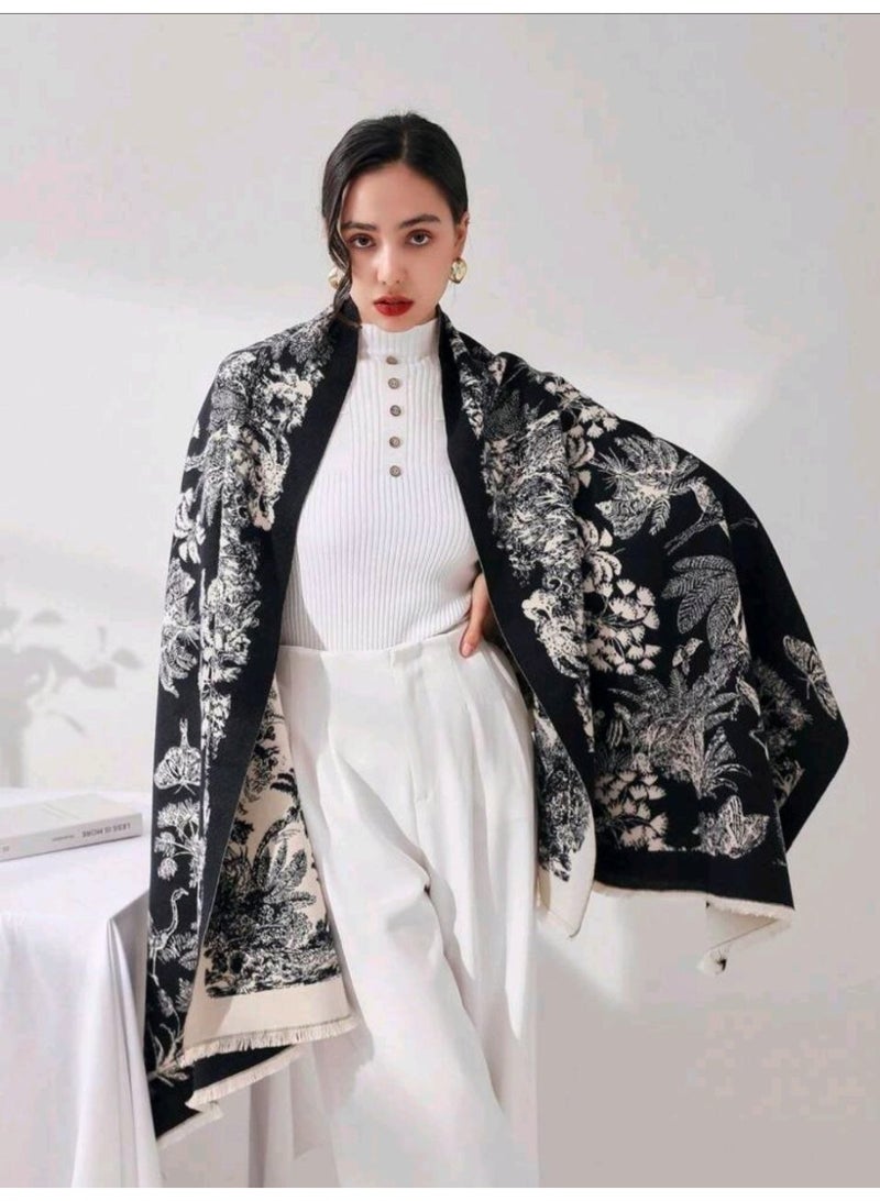 SHEIN Women Black Floral Vintage Style Tasseled Jacquard Faux Cashmere Neck Warmer, Fashionable Oversized Blanket Scarf Shawl Suitable For Daily Use, Simple Gift - Image 1