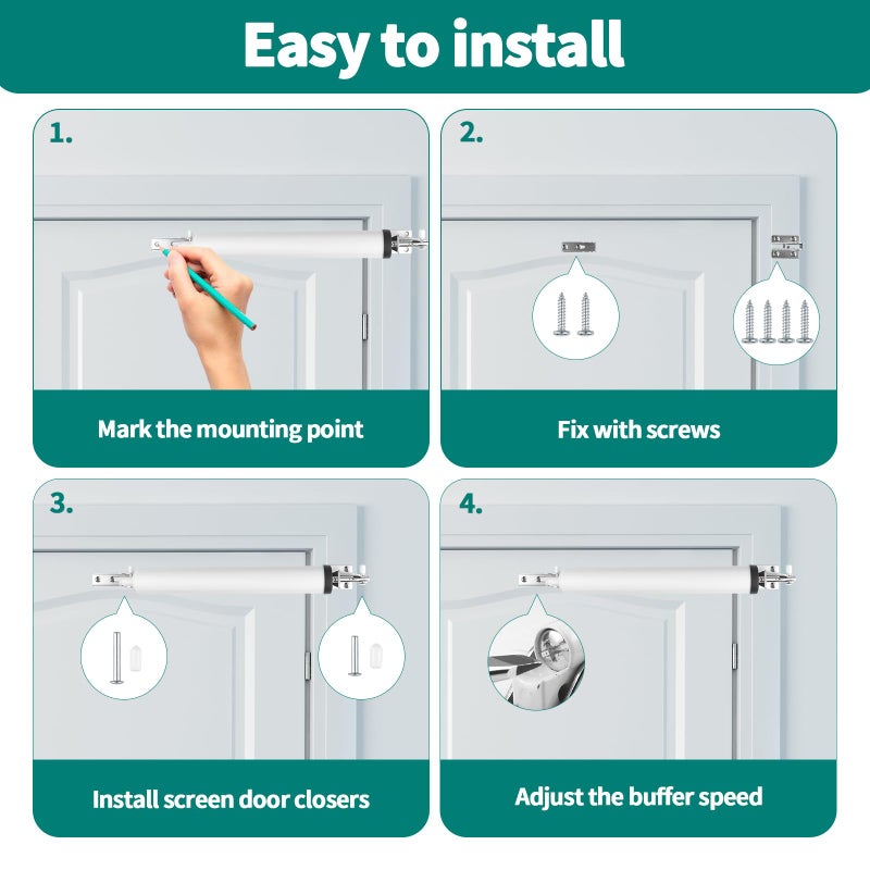 OXDFK Screen and Storm Door Closer Kit, Heavy Duty Pneumatic Screen and Storm Door Closer, Screen and Storm Door Push Button Latch Set Replacement Kit, Adjust Smooth Closing Speed (White) - Image 4