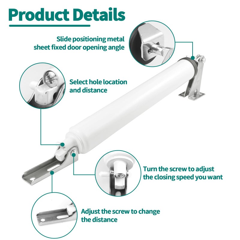 OXDFK Screen and Storm Door Closer Kit, Heavy Duty Pneumatic Screen and Storm Door Closer, Screen and Storm Door Push Button Latch Set Replacement Kit, Adjust Smooth Closing Speed (White) - Image 3
