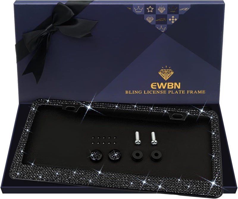 EWBN Bling Rhinestone License Plate Frame for Women，Diamond Sparkly Frames| Stainless Steel Frames & Over 1200 pcs Finest 14 Facets Black Glass Crystals Premium Diamond+GiftBox(Black) - Image 1