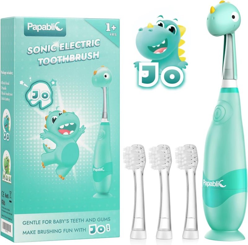 Papablic Toddler Sonic Electric Toothbrush Kids for Ages 1-3 Years, Baby Electric Toothbrush with Cute Dino Cover and Smart LED Timer, 4 Brush Heads (Jo) - Image 1