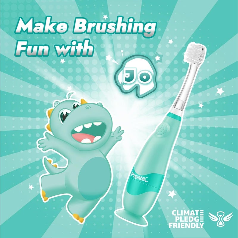 Papablic Toddler Sonic Electric Toothbrush Kids for Ages 1-3 Years, Baby Electric Toothbrush with Cute Dino Cover and Smart LED Timer, 4 Brush Heads (Jo) - Image 2