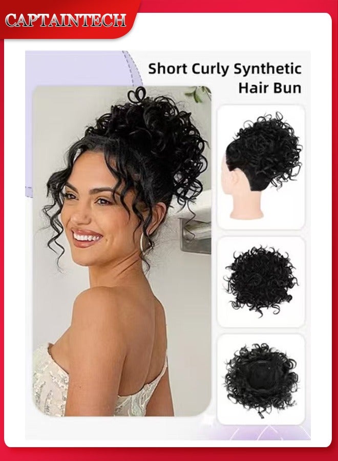Captaintech Messy Curly Synthetic Hair Bun, Short Curly Chignon with Elastic Drawstring, Loose Wave Large Curly Bun, Hair Extension Bun Wig for Women Daily Use, Black, 25cm (10inch) - Image 1