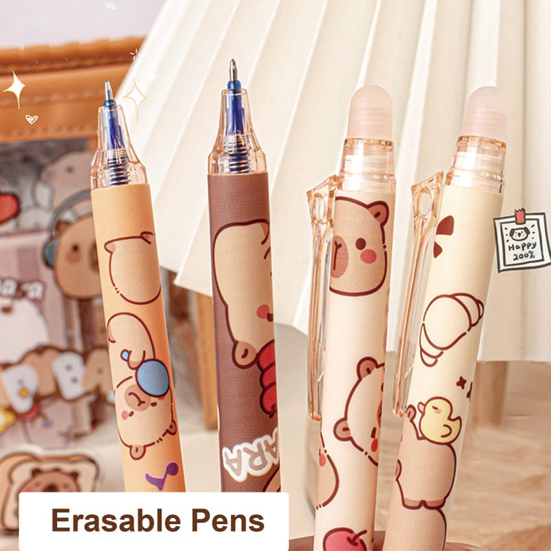 MOZXIRZ 6 Pcs Cute Erasable Retractable Pens Erasable Gel Ink Pens Cartoon Capybara Pen 0.5mm Fine Point Blue Ink Pen Cartoon Writing Pen Office School Pens Women Girls Boys (Blue Ink-Capybara) - Image 3