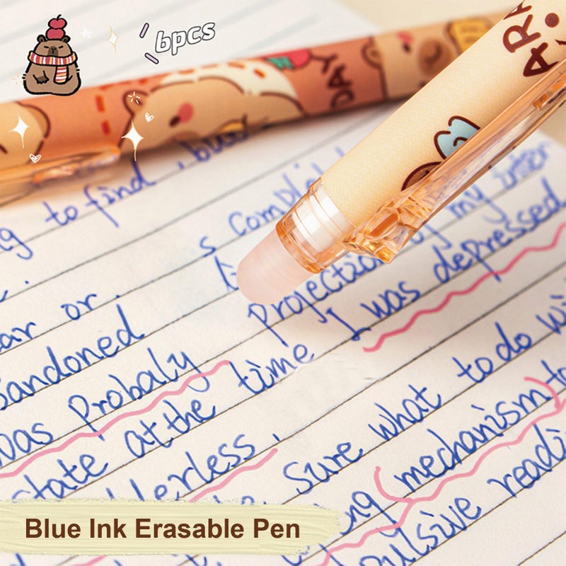 MOZXIRZ 6 Pcs Cute Erasable Retractable Pens Erasable Gel Ink Pens Cartoon Capybara Pen 0.5mm Fine Point Blue Ink Pen Cartoon Writing Pen Office School Pens Women Girls Boys (Blue Ink-Capybara) - Image 4