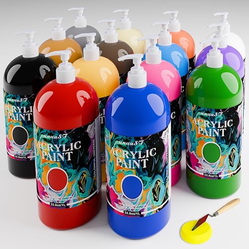 unuaST Acrylic Paint Sets for Adults 33.8oz/1000ml, 14 Color Large Bulk Paints kits, 1/4 Gallon Rich Pigment Art Painting Supplies for Artists/Beginners, Acrylic Paint Sets for Canvas with Pump, Color Wheel - Image 1