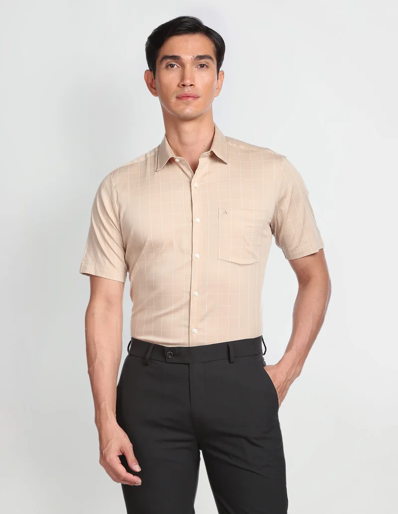 Arrow Beige Windowpane Check Twill Formal Shirt for Men | Best Price UAE