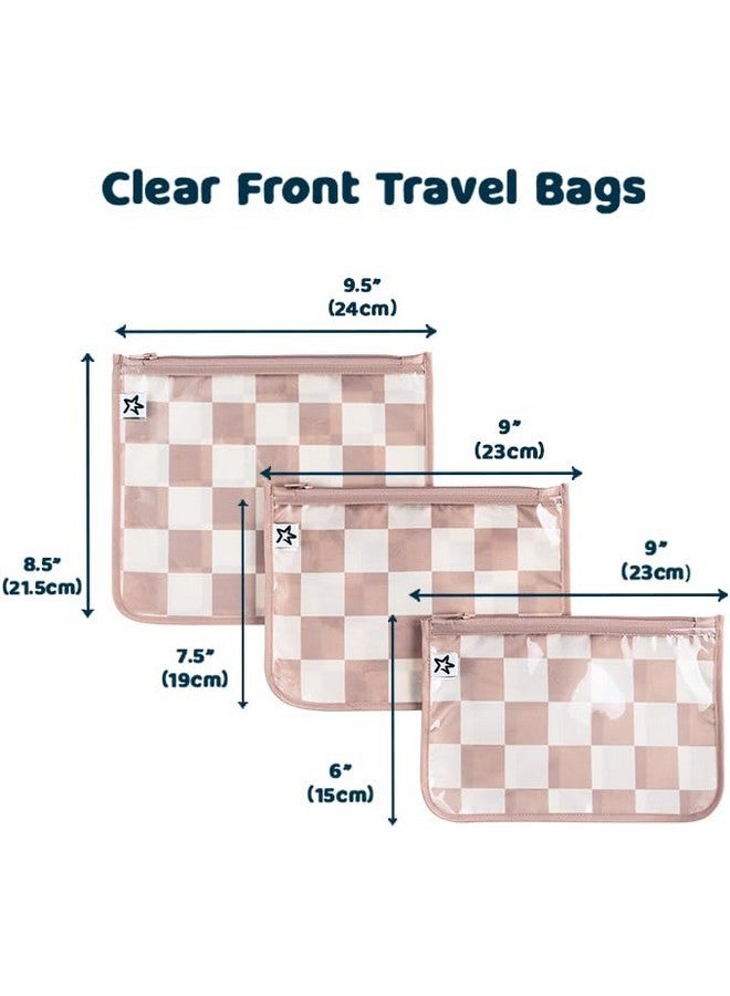 Tiny Twinkle Mess-Proof Travel Bags, Airline Compliant, Zipper Closure, Clear Front Pouch, Diaper Bag Packing, Toiletry Or Cosmetics Organizer 3 Pack Set (Beige Checkers)  - Image 2