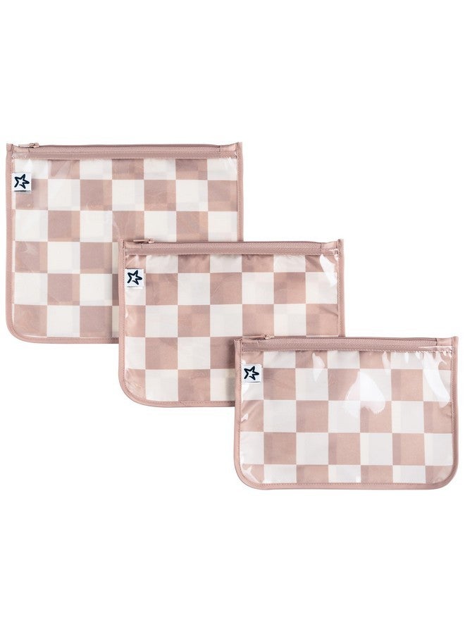 Tiny Twinkle Mess-Proof Travel Bags, Airline Compliant, Zipper Closure, Clear Front Pouch, Diaper Bag Packing, Toiletry Or Cosmetics Organizer 3 Pack Set (Beige Checkers)  - Image 1