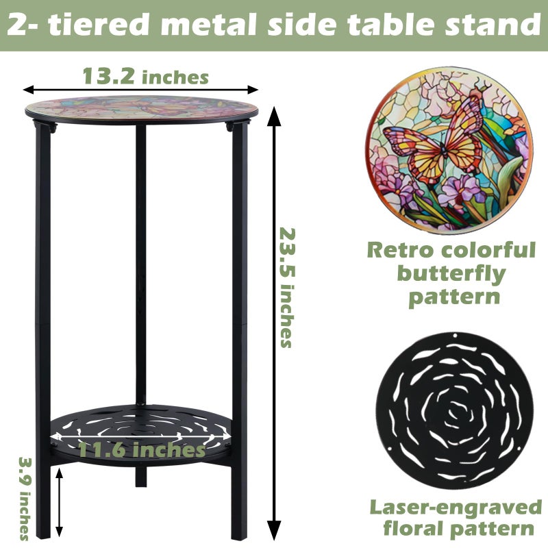 lucpur 2-Tier Metal Round Side Table Black Accent Coffee Tables Small Space Corner Plant Stand Shelf for Indoor Outdoor Use Patio Balcony End Table Butterfly Print Weather-Resistant - Image 4