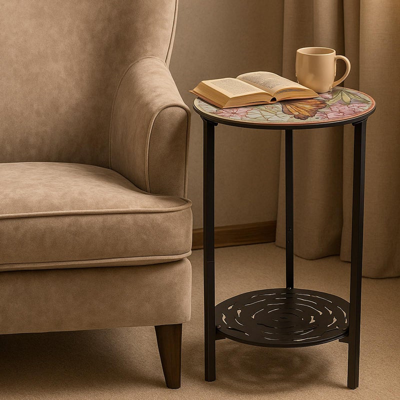 lucpur 2-Tier Metal Round Side Table Black Accent Coffee Tables Small Space Corner Plant Stand Shelf for Indoor Outdoor Use Patio Balcony End Table Butterfly Print Weather-Resistant - Image 5